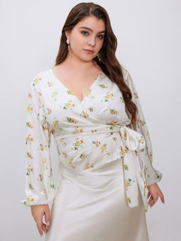 Cider - Chiffon V-Neck Floral Bowknot Long Sleeve Blouse Top Curve & Plus