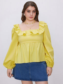 Cider - Square Neck Lace Up Ruffle Long Sleeve Blouse Top Curve & Plus