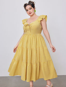 Cider - Woven Square Neck Check Ruffle Hem Midi Tiered Dress Curve & Plus