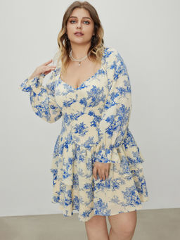 Cider - Toile De Jouy Square Neck Ruffle Mini Dress Curve & Plus