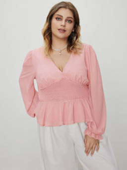 Cider - Chiffon V-Neck Ruffle Hem Long Sleeve Blouse Top Curve & Plus