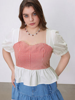 Cider - Square Neck Check Ruffle Hem Short Sleeve Blouse Top Curve & Plus