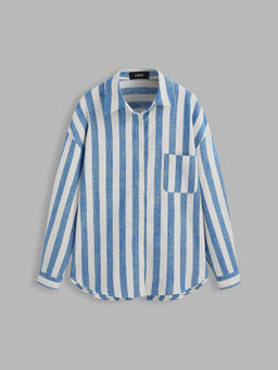 Cider - Linen-Blend Collar Striped Pocket Long Sleeve Shirt