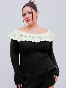Cider - Off-Shoulder Contrasting Lace Knitted Long Sleeve Top Curve & Plus