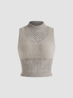 Cider - High Neck Solid Hollow Out Knitted Crop Tank Top