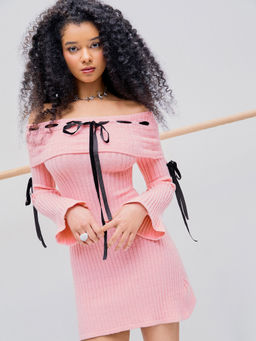 Cider - Knitted Off-Shoulder Lace Up Mini Dress