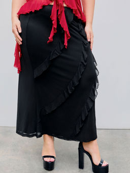 Cider - Mesh Mid Rise Ruched Long Skirt Curve & Plus