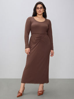 Cider - Lace Trim Long Sleeve Top & Ruched Split Maxi Skirt Curve & Plus (Set of 2)