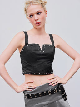 Cider - V-Neck Studded Zipper Crop Top