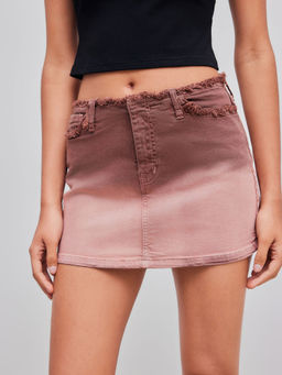 Cider - High Stretch Denim Low Rise Gradient Raw Hem Mini Skirt