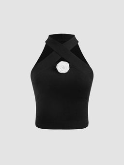 Cider - Stand Collar Rosette Knitted Crop Top