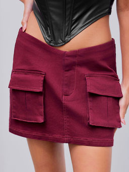 Cider - Denim V Waist Solid Cargo Mini Skirt
