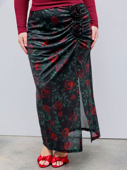 Cider - Mesh Mid Rise Floral Split Maxi Skirt Curve & Plus
