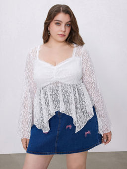 Cider - Lace Solid Ruffle Hem Long Sleeve Blouse Top Curve & Plus