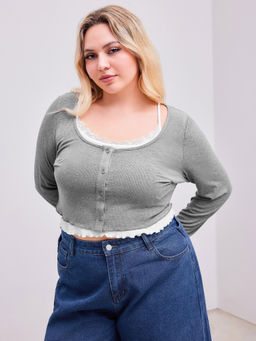 Cider - Rib Button Crop Long Sleeve Top with Ruffle Hem Cami Top Curve & Plus