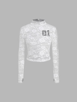 Cider - Rose Lace High Neck 01 & Star Graphic Long Sleeve Top