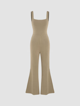 Cider - Square Neck Knotted Split Solid Flared Jumpsuit