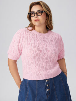 Cider - Round Neck Texture Short Sleeve Sweater Curve & Plus