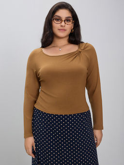 Cider - Round Neckline Knotted Cut Out Long Sleeve Tee Curve & Plus