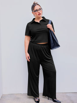 Cider - Collar Solid Short Sleeve Top & Ruched Trousers Curve & Plus (Set of 2)