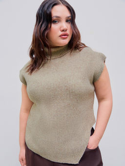 Cider - Wool-Blend Knit High Neck Solid Asymmetrical Vest Curve & Plus