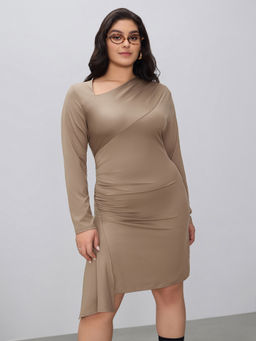 Cider - Jersey Asymmetrical Neck Solid Ruffle Mini Dress Curve & Plus