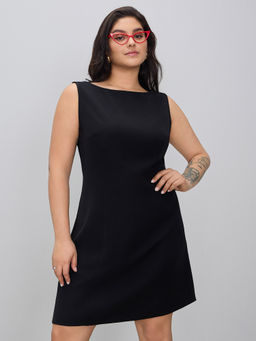 Cider - Boat Neck Solid Mini Dress Curve & Plus