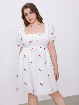 Cider - Square Neck Floral Lace Up Mini Dress Curve & Plus