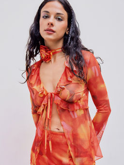 Cider - Mesh V-Neck Ruffle Trim Knotted Long Sleeve Blouse Top