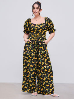 Cider - Square Neck Puff Sleeve Floral Jumpsuit Curve & Plus