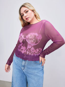 Cider - Mesh Round Neck Graphic Long Sleeve Tee Curve & Plus