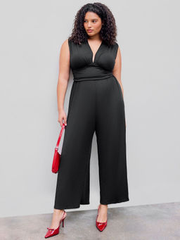 Cider - V-Neck Ruched Solid Wide Leg Jumpsuit Curve & Plus