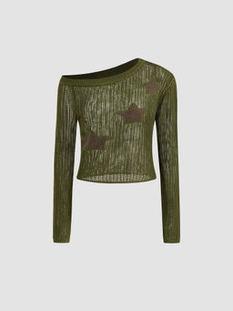 Cider - Asymmetrical Neck Star Knitted Long Sleeve Top
