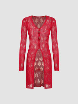 Cider - V-Neck Solid Hollow Out See-Through Knitted Cardigan