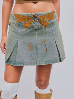 Cider - Denim Low Rise Lace Up Butterfly Embroidery Mini Skirt