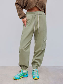 Cider - Denim High Rise Solid Pocket Cargo Jogger Jeans