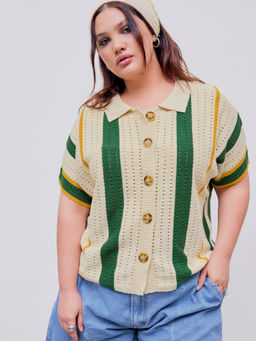 Cider - Jacquard Striped Hollow Out Short Sleeve Top Curve & Plus