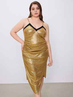 Cider - Metallic V-Neck Solid Ruched Midi Dress Curve & Plus