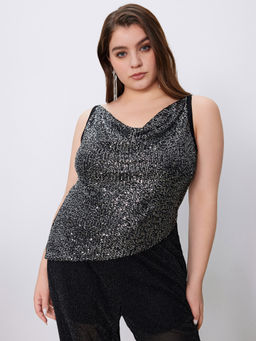 Cider - Sequin Cowl Neck Asymmetrical Hem Cami Top Curve & Plus