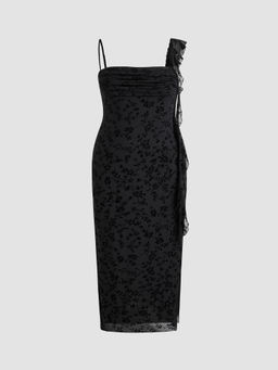 Cider - Mesh Asymmetrical Neck Ruffle Hem Floral Maxi Dress Curve & Plus