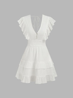 Cider - V-Neck Shirred Layered Ruffle Hem Solid Mini Dress