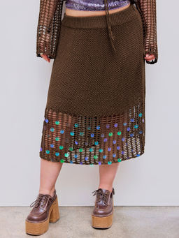 Cider - Knitted Mid Rise Sequin Hollow Out Midi Skirt Curve & Plus