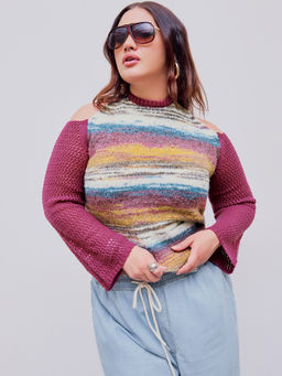Cider - Halter Striped Knitted Long Sleeve Crop Top Curve & Plus