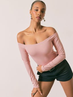 Cider - Contour Double Layered Off-Shoulder Solid Long Sleeve Bodysuit