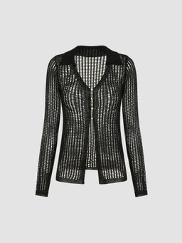 Cider - V-Neck Hollow Out Knitted Long Sleeve Top