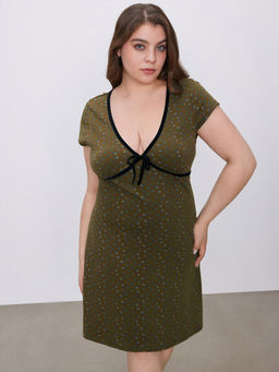 Cider - V-Neck Floral Bowknot Mini Dress Curve & Plus