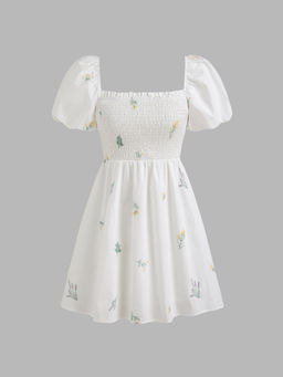 Cider - Square Neck Shirred Floral Puff Sleeve Mini Dress