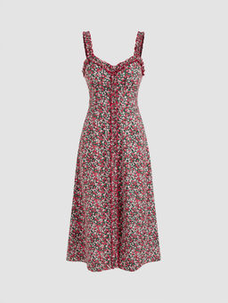 Cider - Scoop Neckline Ditsy Floral Lettuce Trim Midi Dress
