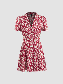 Cider - Collar V-Neck Floral Short Sleeve Shirt