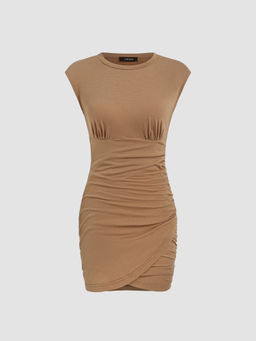 Cider - Round Neckline Ruched Sleeveless Mini Dress